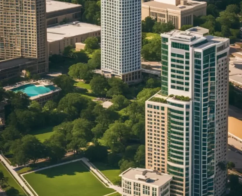Top Accommodations in Waco: Aerial view of modern high-rise buildings and green spaces in downtown Waco, Texas, featuring a clear pool and well-maintained park areas.
