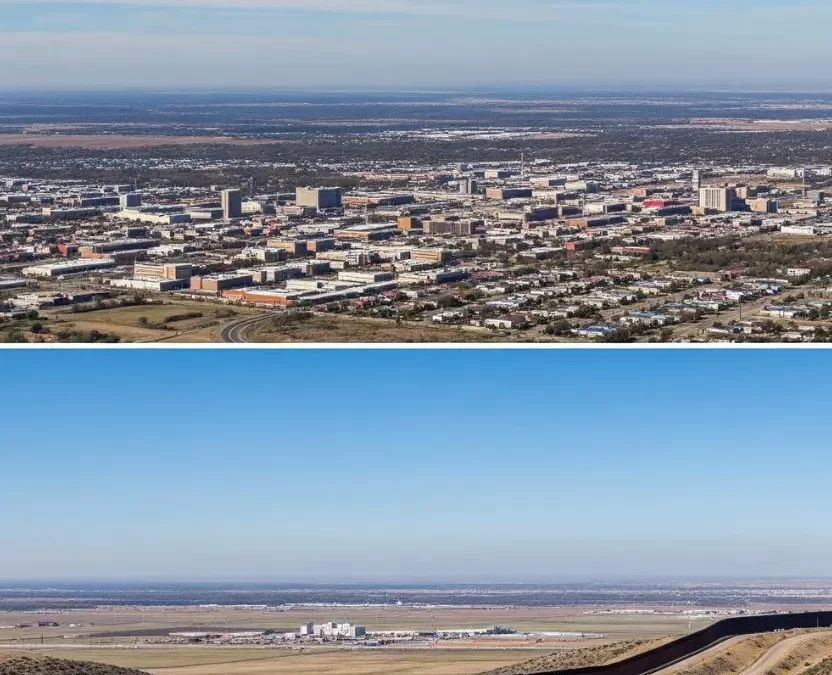 Panoramic view showing the city of Waco, Texas in the distance and a segment of the US-Mexico border wall, illustrating the significant distance of Waco from the Mexican Border.