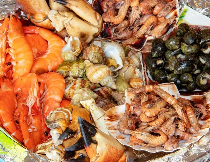 A platter of freshly grilled seafood with vibrant colors.