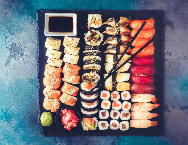 A beautifully presented sushi platter with fresh Japanese ingredients.
