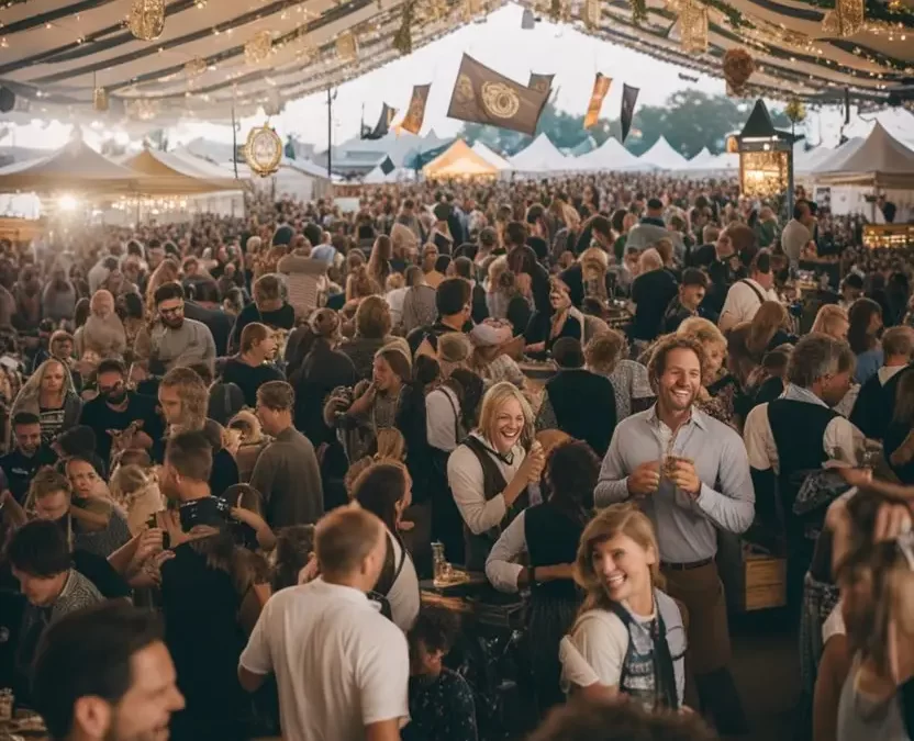 Crowded Oktoberfest celebration under a large tent in Waco, TX, with people socializing and festive decorations.