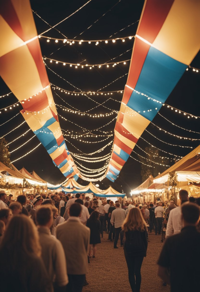 Crowded outdoor Oktoberfest celebration in Waco, TX with festive lights and large colorful banners.