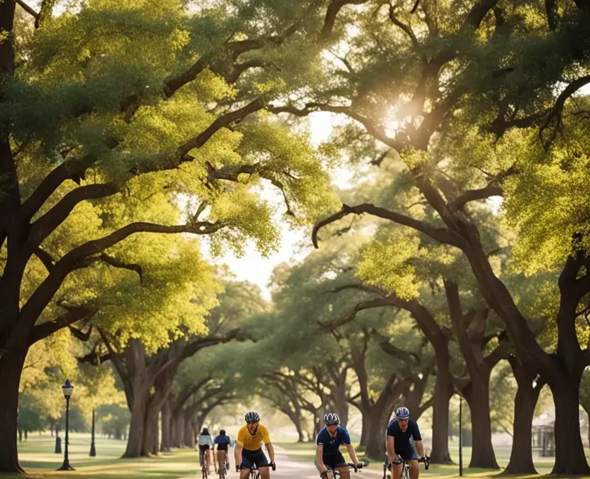 Group of bikers riding along a scenic trail in Waco, Texas, surrounded by lush greenery.