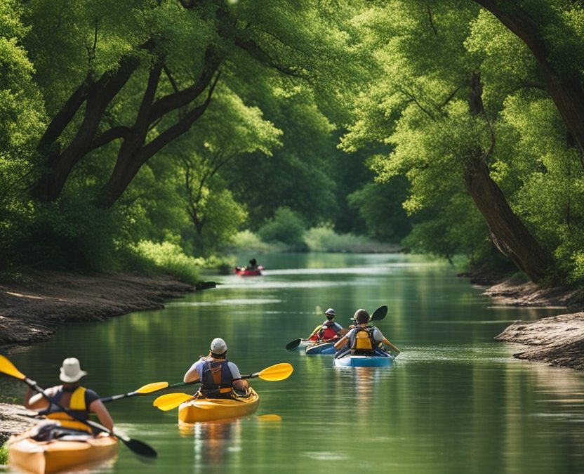 A person kayaking on the Brazos River in Waco, Texas