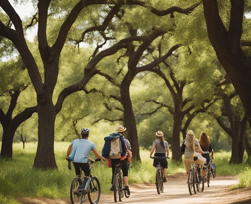 Group of friends biking along the scenic trails of Cameron Park Waco