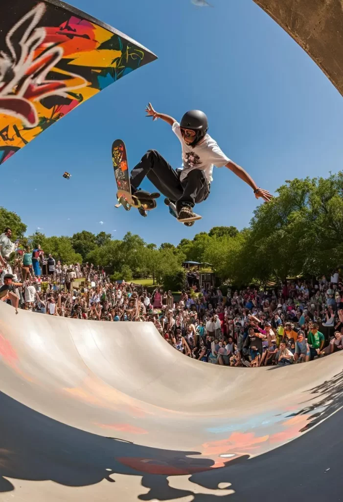 Skateboarding competition at a Waco skate park with spectators and participants.