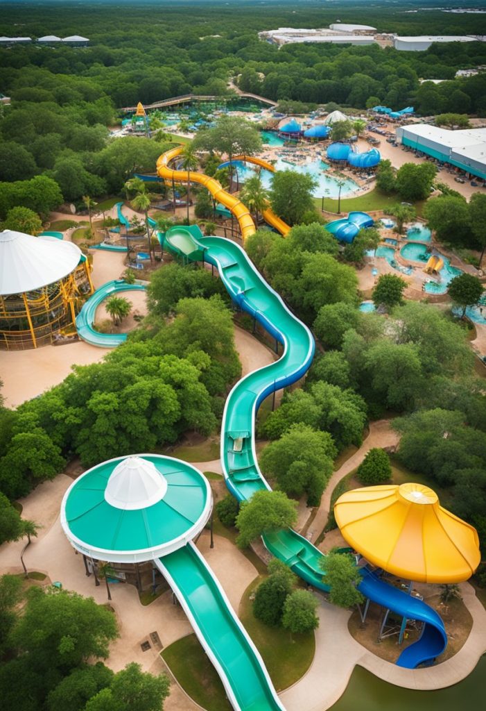 Aerial view of Hawaiian Falls Water Park in Waco, with colorful water slides, lazy river, and lush greenery
