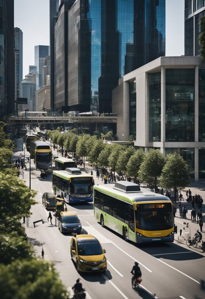 A bustling city center with electric buses and cyclists, connected by modern transit hubs and pedestrian-friendly streets