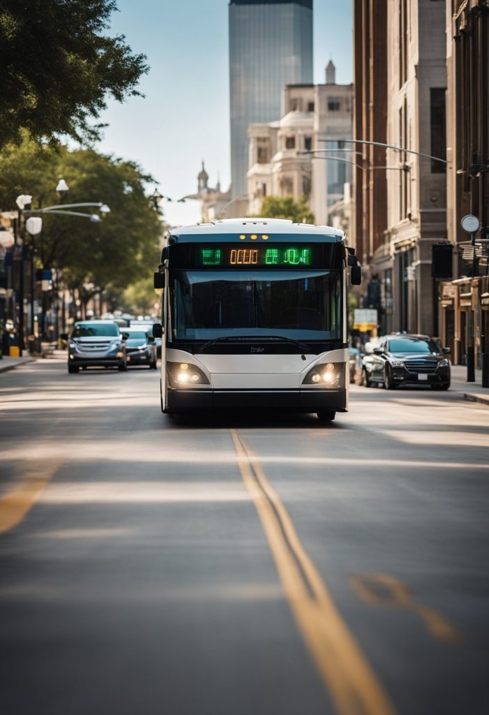 A modern electric bus glides through downtown Waco, passing by bustling streets and futuristic transit hubs