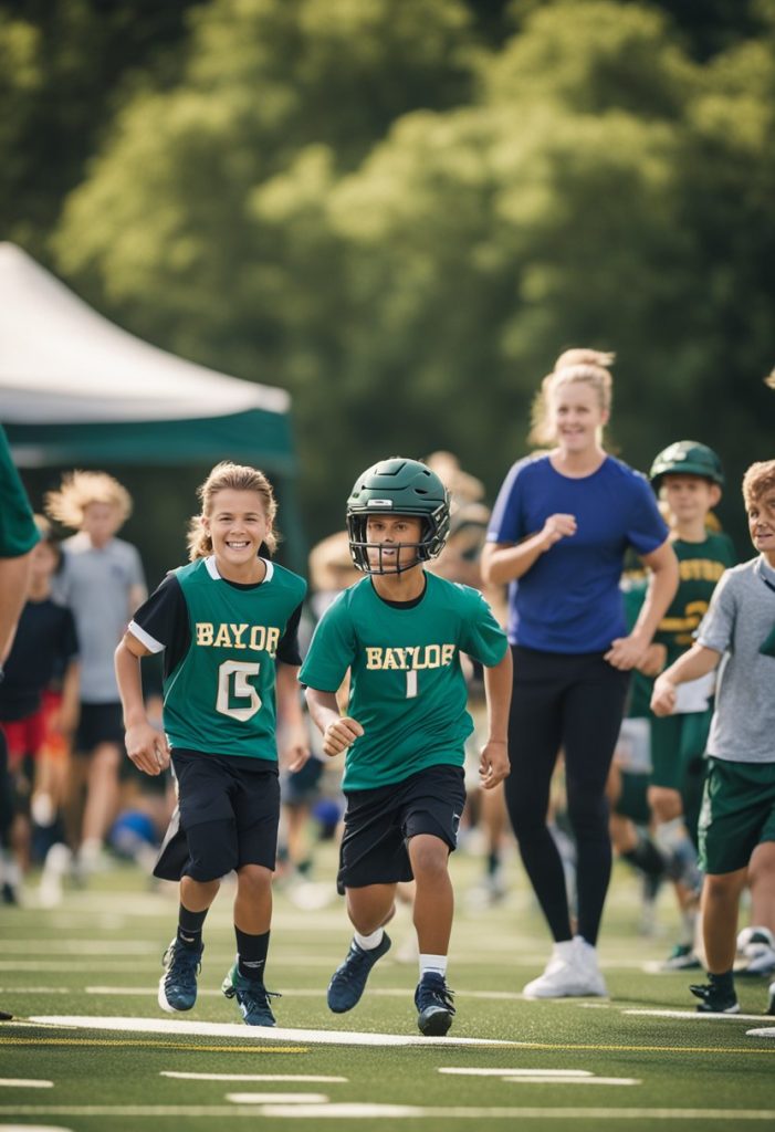 A bustling sports camp at Baylor University in Waco, with kids engaged in various activities and coaches overseeing the action