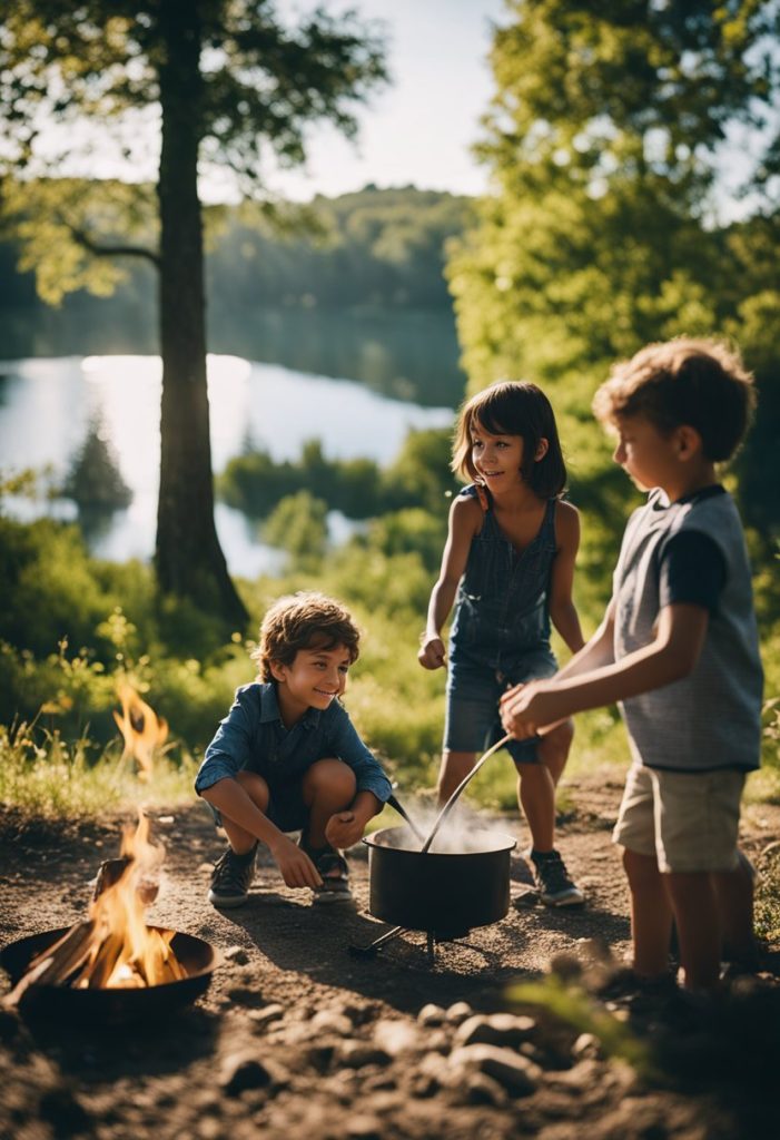 Children playing in a lake, surrounded by lush green trees and a clear blue sky. A campfire burns in the background as kids roast marshmallows