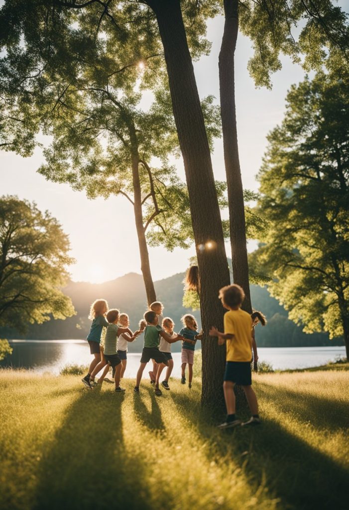 A group of children laughing and playing in the sunshine at a Waco summer camp, surrounded by tall trees and a picturesque lake
