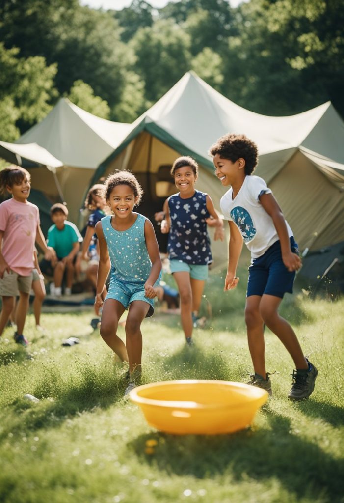 Children playing in various outdoor activities at a summer camp in Waco, including swimming, hiking, and arts and crafts. The campsite is surrounded by lush greenery and a clear blue sky