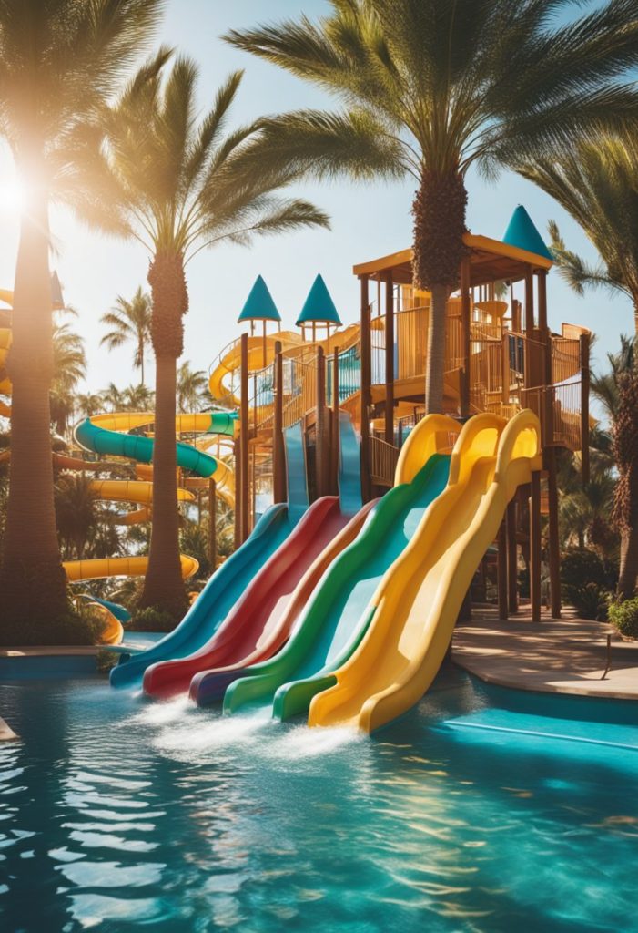 A colorful water park with slides, pools, and palm trees.