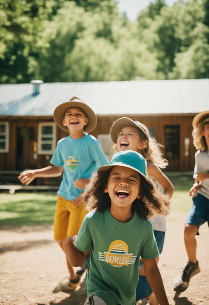 A group of children laughing and playing in the sunshine at a summer camp in Waco, surrounded by lush green trees and colorful cabins