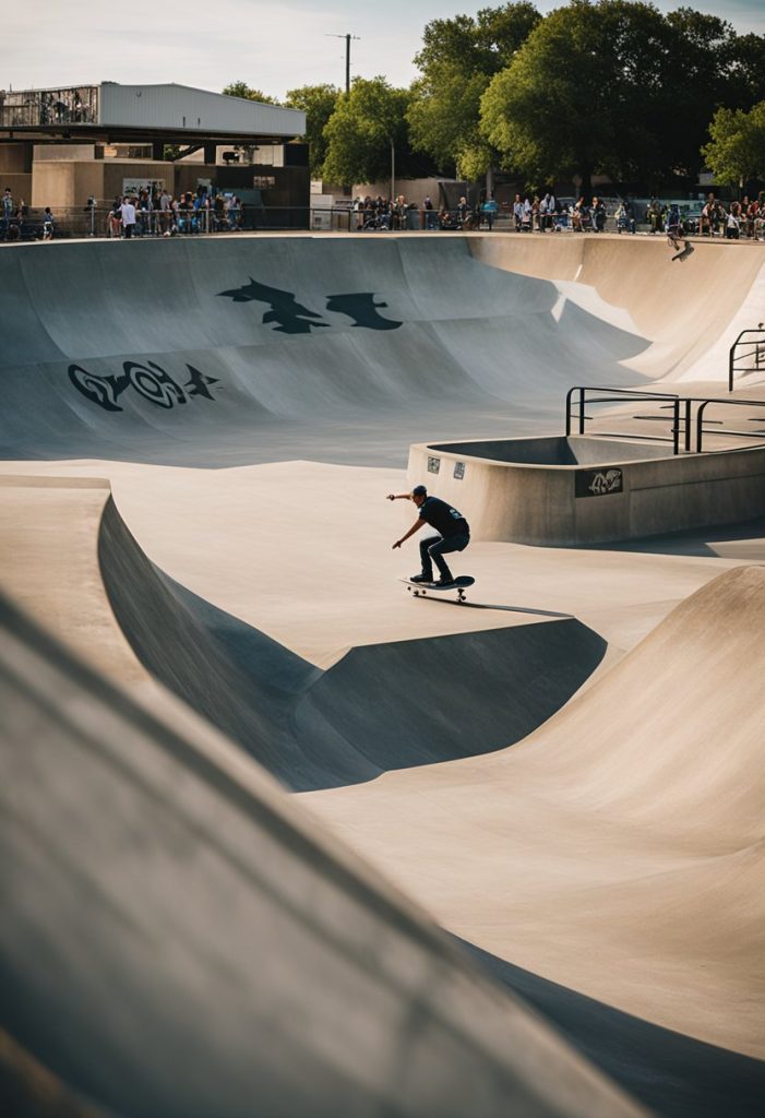 Watch skateboarders perform tricks at Waco's vibrant skate park, featuring ramps, rails, and graffiti-covered walls for an urban backdrop.