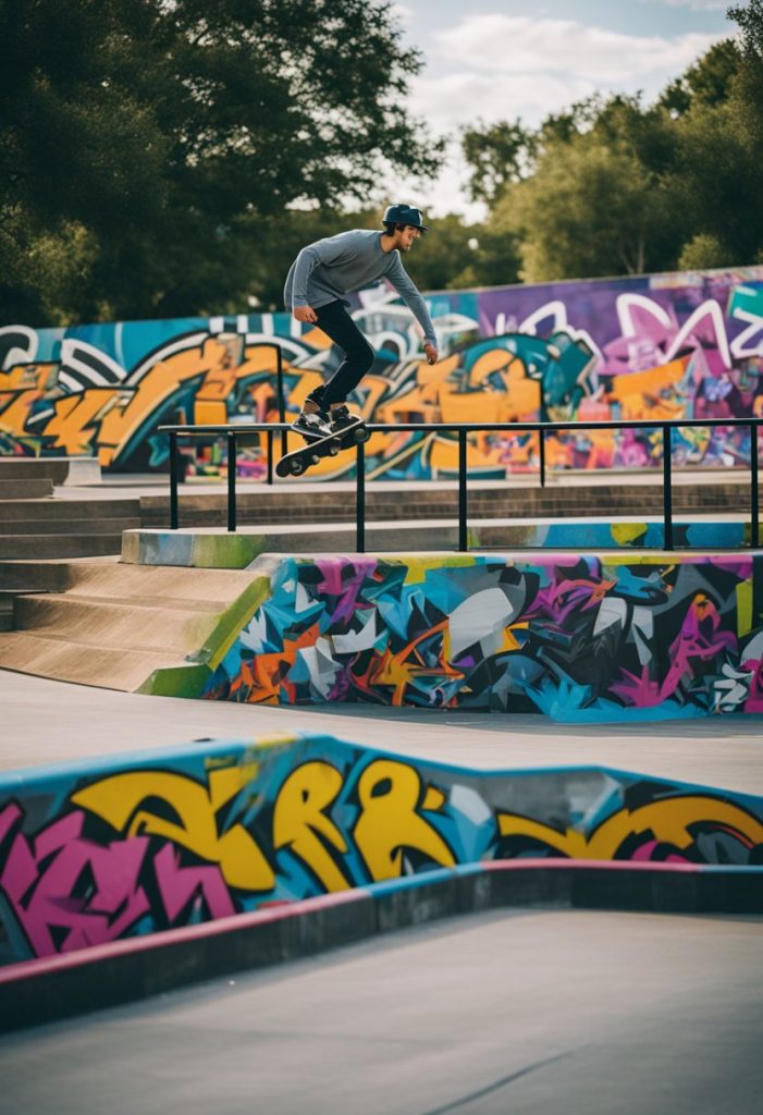 A bustling skate park in Waco, with ramps, rails, and half-pipes surrounded by vibrant graffiti art and enthusiastic skaters