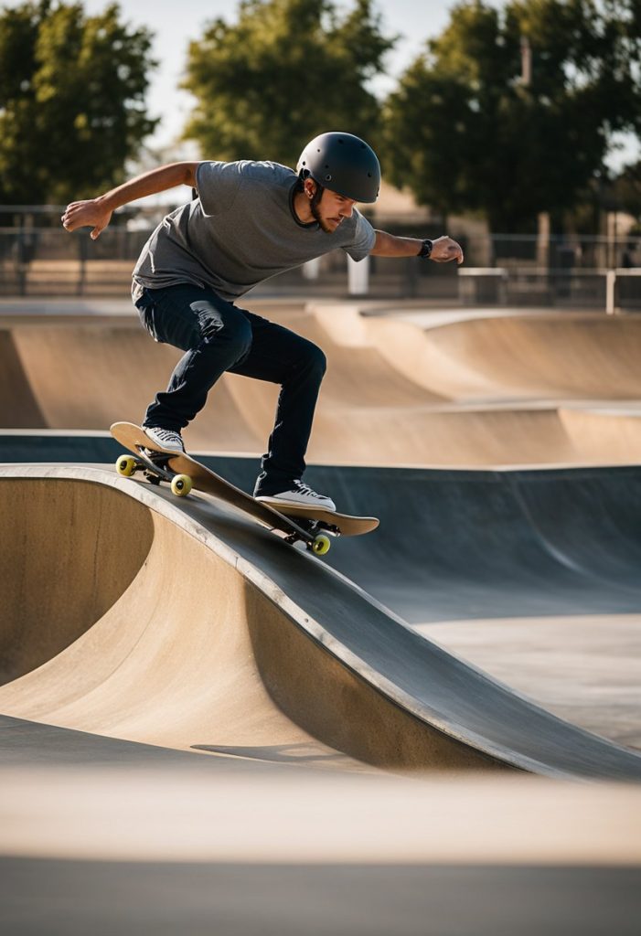 Skateboarders performing tricks at Sul Ross Skatepark in Waco, Texas. Ramps, rails, and concrete bowls create an urban playground for skaters