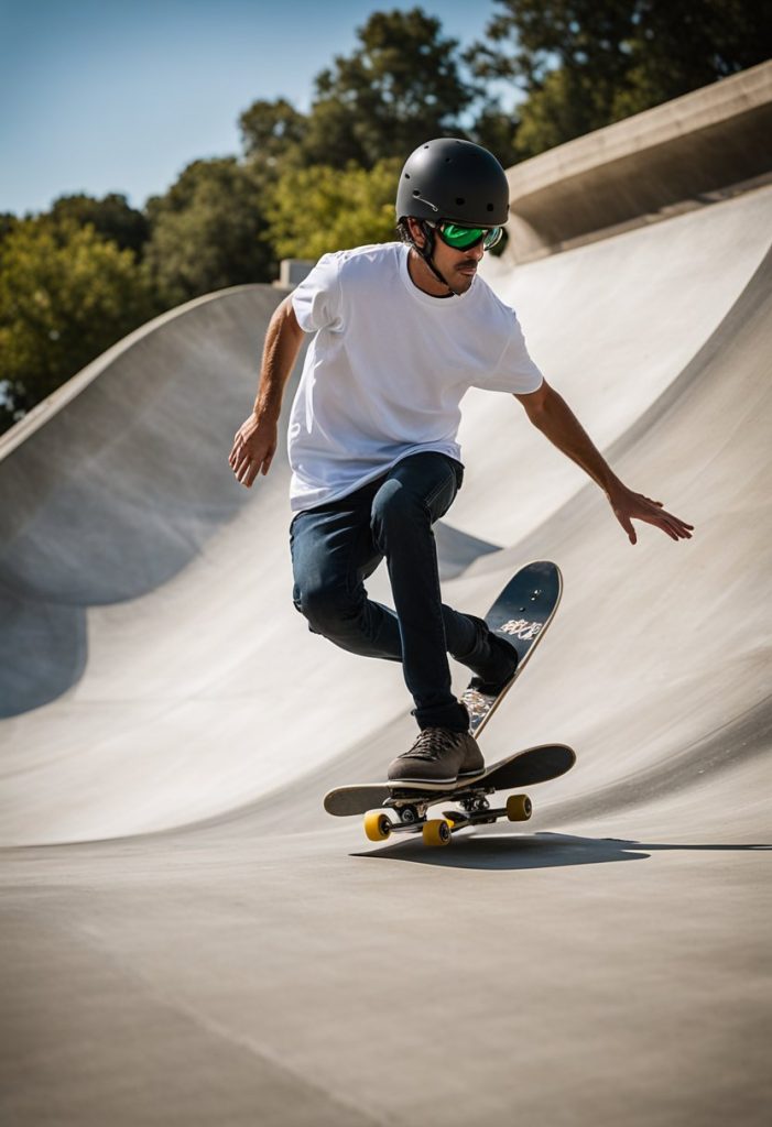 Skateboarders perform tricks at Cameron Park Skate Park in Waco. Concrete ramps and rails create a dynamic and energetic scene for an illustrator to recreate