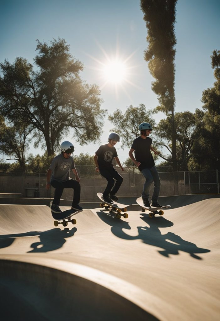 A group of skateboarders navigate through the concrete bowls and ramps of Skate Waco Skate Parks in Waco. The sun casts long shadows as they perform tricks and maneuvers