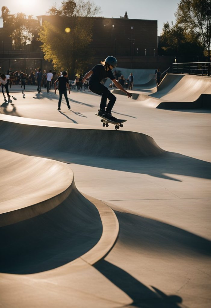 The skatepark is bustling with activity as skaters perform tricks on the ramps and rails. The sun is shining, casting long shadows across the concrete surface. The sound of wheels rolling and boards hitting the ground fills the air