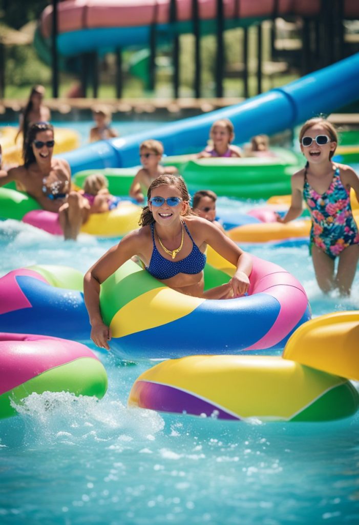 Families splash in wave pool, kids slide down colorful tubes, and friends float lazily on lazy river at Hawaiian Falls water park in Waco