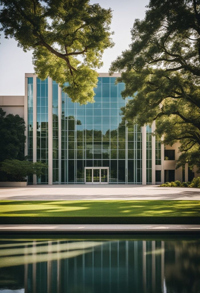 The Martin Museum of Art in Waco features a modern building with large glass windows, surrounded by lush greenery and a peaceful fountain in the courtyard
