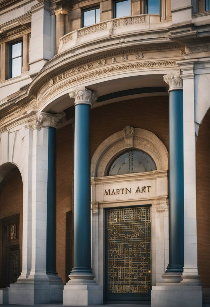 The museum's grand facade stands tall, with intricate architectural details and a prominent sign displaying "Martin Museum of Art" in bold letters