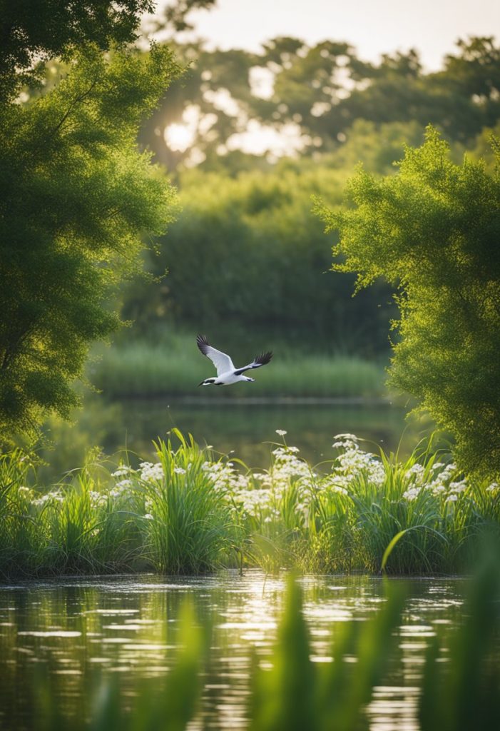 Lush wetlands teeming with diverse plant and bird life surround the tranquil waters of Lake Waco. A variety of bird species can be seen and heard, creating a vibrant and lively ecosystem for nature enthusiasts to explore