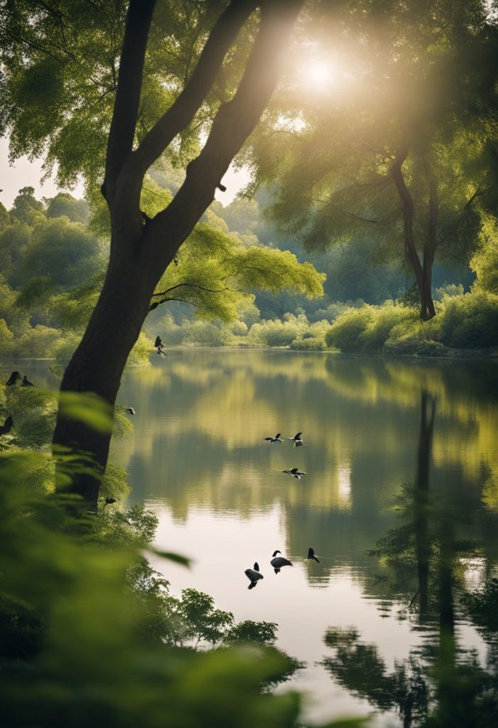 A serene park with lush trees and a tranquil lake, filled with various bird species flying and perched on branches