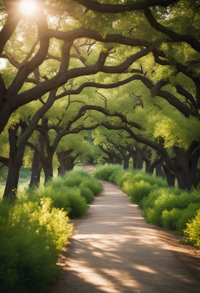 Lush greenery lines the winding Cottonbelt Trail, with diverse bird species flitting among the trees and perching on branches. Peaceful park settings provide a haven for bird enthusiasts in Waco
