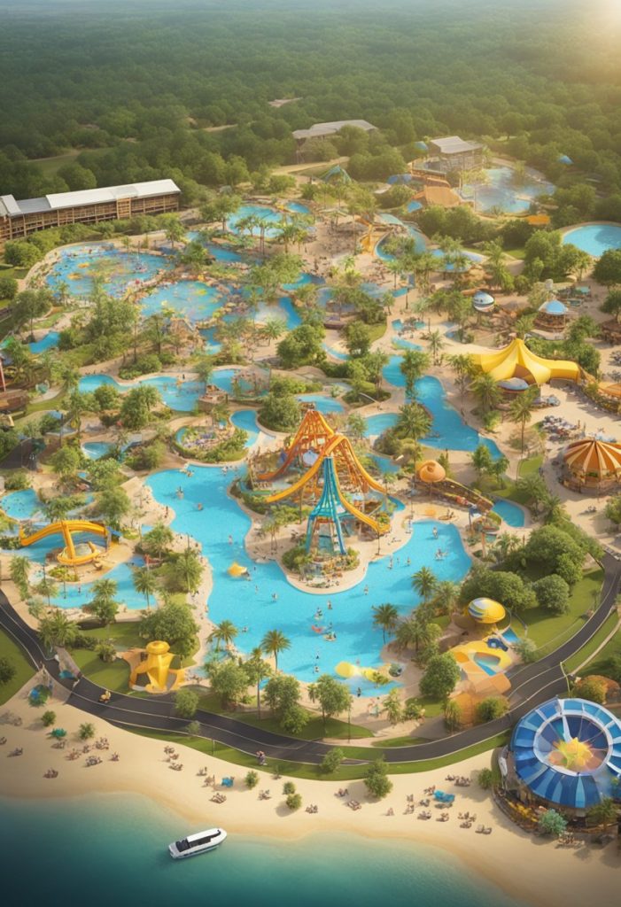 Aerial view of Hawaiian Falls Water Park in Waco, Texas, showcasing the sprawling water attractions and lush surroundings.