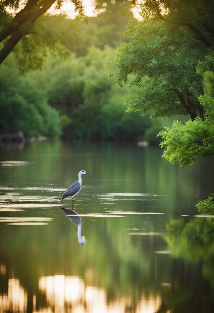 A serene riverbank with lush greenery, diverse bird species, and calm water reflecting the natural beauty of Brazos Park East in Waco
