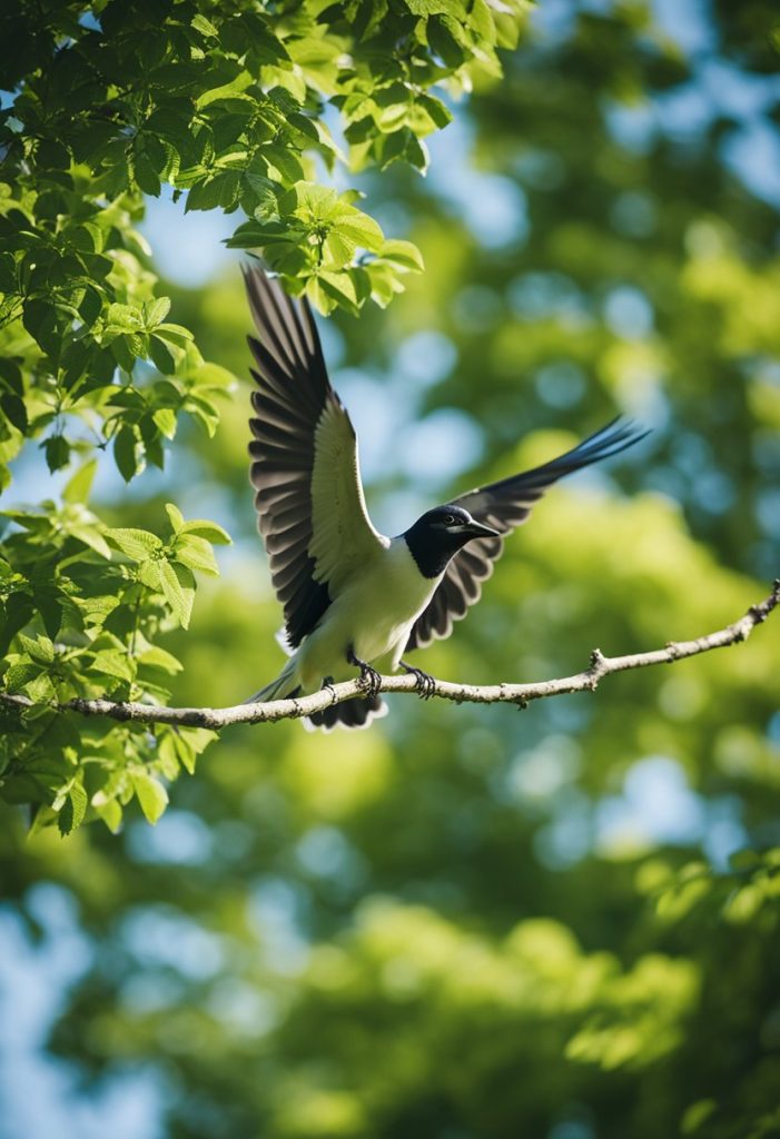 Birds flying and perching in lush green trees, with a clear blue sky in the background. A serene and peaceful atmosphere for bird enthusiasts to enjoy