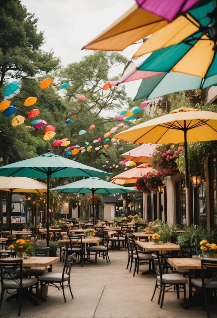 A bustling outdoor patio with colorful umbrellas, surrounded by lush greenery and vibrant flowers. Tables are filled with happy diners enjoying delicious meals at Magnolia Table in Waco
