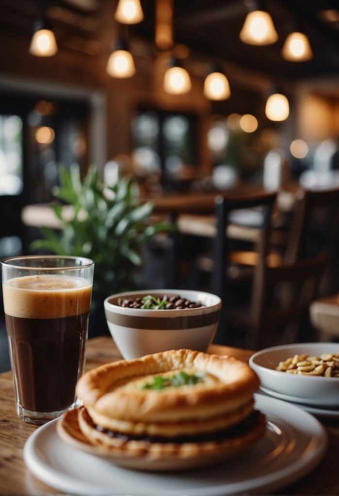 A bustling cafe with rustic decor, serving up mouth-watering dishes. Customers savoring artisanal coffee and farm-to-table fare in a cozy atmosphere