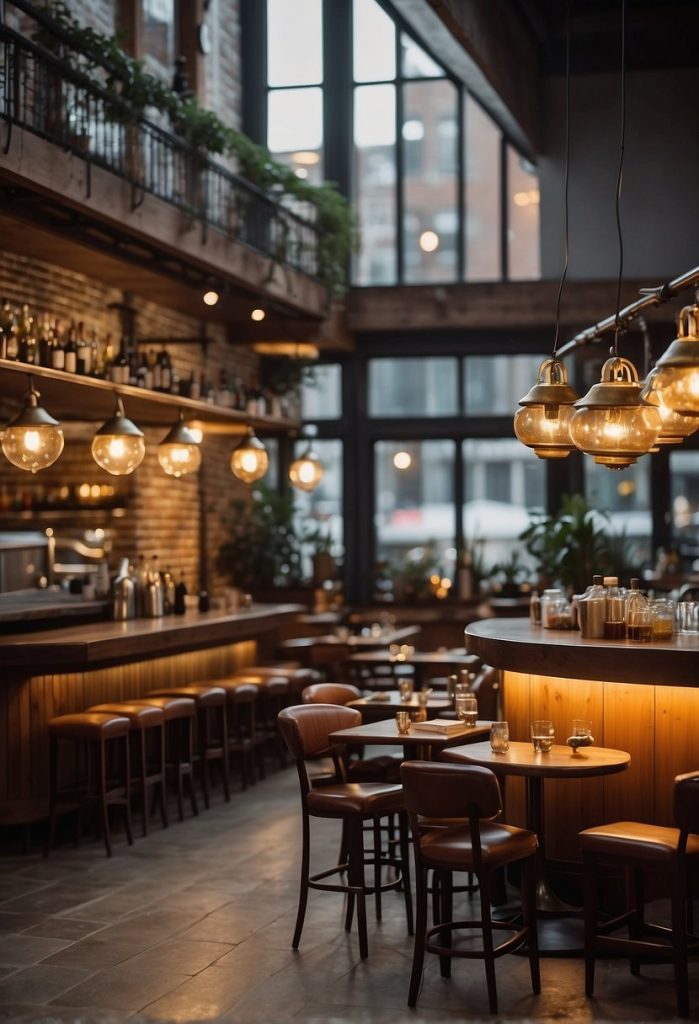 The bustling restaurant and bar is filled with lively chatter and the aroma of delicious food. The cozy, dimly lit space is adorned with rustic decor and a welcoming atmosphere