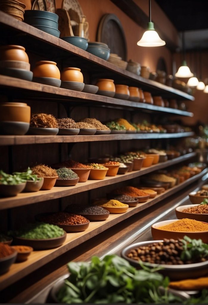 The bustling restaurant is filled with the aroma of sizzling spices and savory dishes. Colorful clay pots line the shelves, adding to the cozy and inviting atmosphere