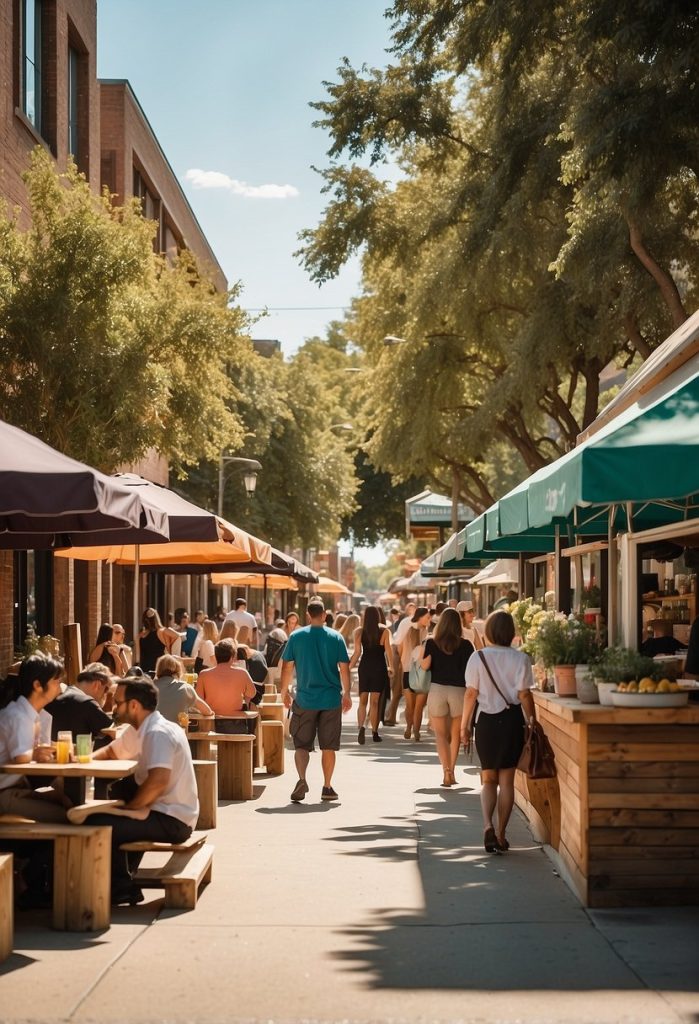 A bustling street lined with colorful food trucks and bustling outdoor dining areas, with the sun shining and people enjoying delicious meals in Waco