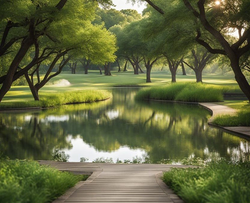 Tranquil park scene with lush green grass, towering trees, and a peaceful waterway in Waco