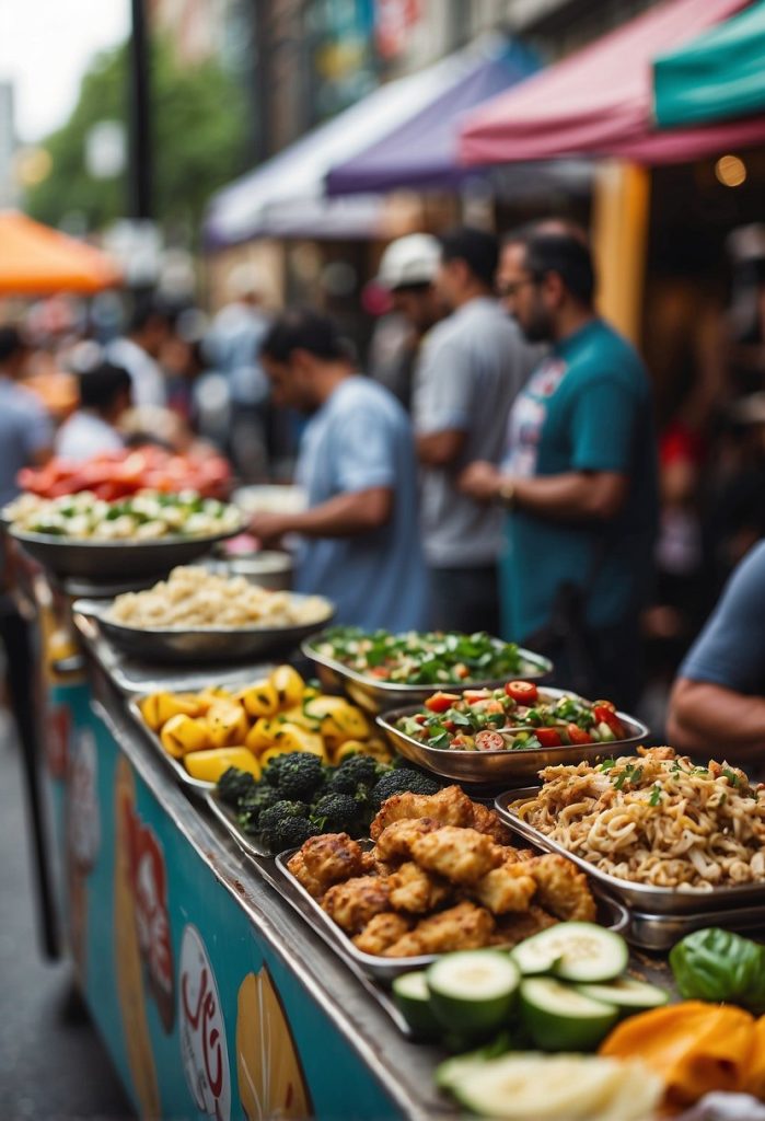 A bustling street lined with colorful food trucks and outdoor seating, with tantalizing aromas wafting through the air. A variety of cuisines from around the world are on display, drawing in a diverse crowd of hungry patrons