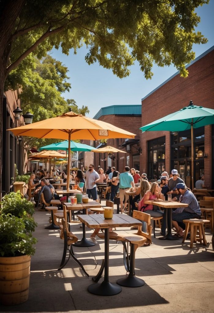 The bustling outdoor patio of Waco Ale Company, surrounded by vibrant food trucks and colorful umbrellas, with a lively atmosphere and delicious aromas filling the air