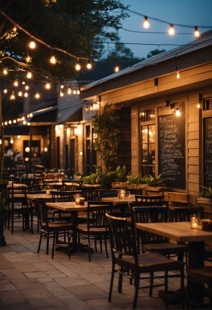 A bustling bistro in Waco, with outdoor seating and a chalkboard menu. The warm glow of string lights illuminates the cozy atmosphere