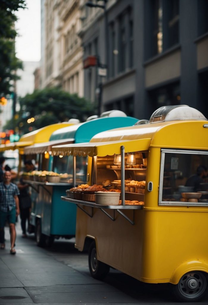 Colorful food trucks line the bustling street, serving up a variety of mouth-watering dishes. The aroma of sizzling meats and spices fills the air as eager foodies sample the must-try offerings
