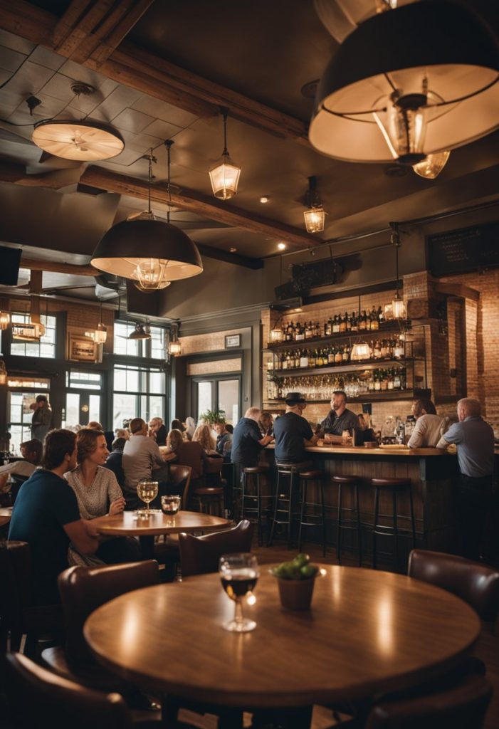 A bustling restaurant with diners enjoying gourmet food and drinks, and a warm, inviting atmosphere at Barnett's Public House
