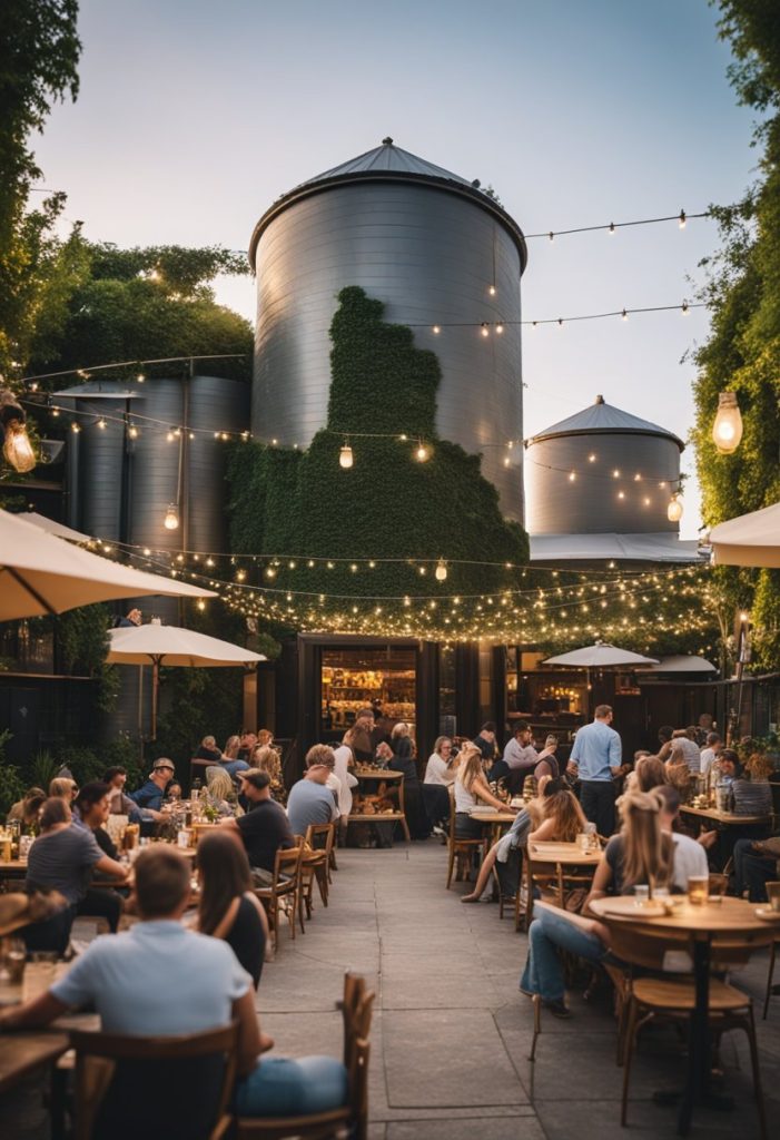 Silos Bistro and Beer Garden with diners and drinkers, surrounded by lush greenery and twinkling string lights