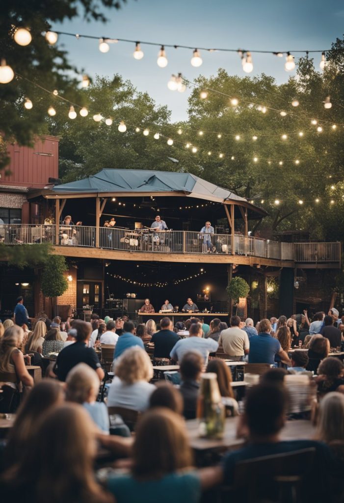 A bustling outdoor stage with musicians performing at Backyard Bar Stage and Grill in Waco, Texas.