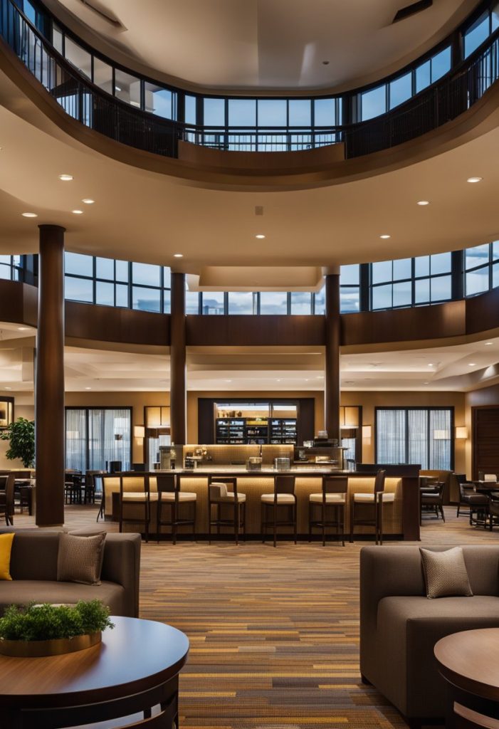 A bustling courtyard at Courtyard by Marriott Waco, with nearby dining options and a vibrant atmosphere