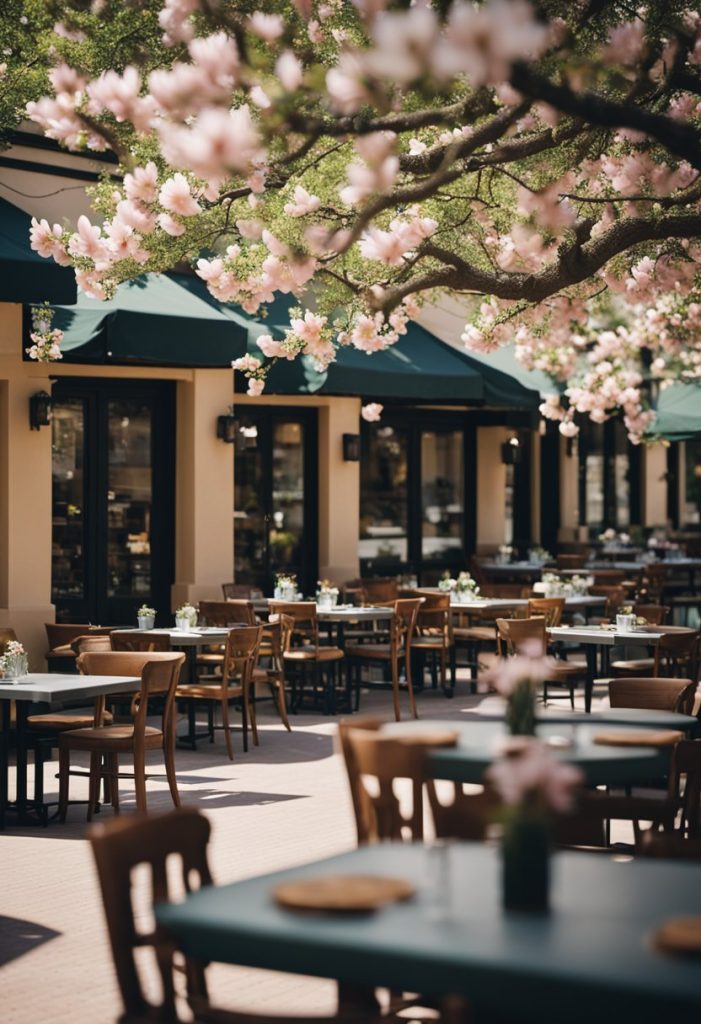 A bustling restaurant with outdoor seating, surrounded by blooming magnolia trees and serving up local cuisine in Waco