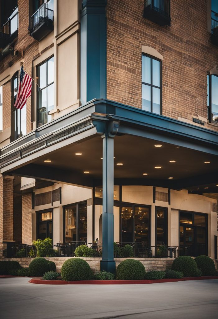 The Hampton Inn Waco North hotel stands tall, surrounded by bustling restaurants and eateries in Waco